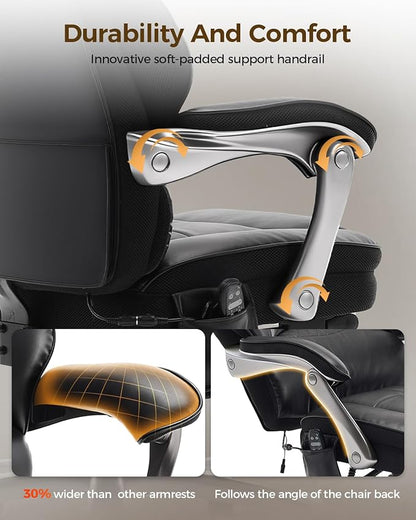 Big and Tall Office Chair 400lbs with Massage and Heat, 23.5" Wide Leather Office Chair with Back Support, Ergonomic Comfort 140° Reclining Desk Chairs Managerial Chairs for Heavy People