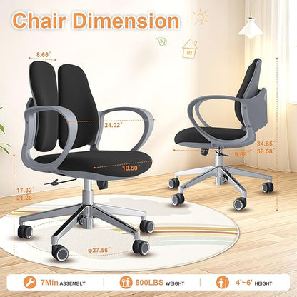 Ergonomic Office Chair Desk Chair Dual-backrest Computer Chair with Flexible Lumbar Support and Adjustable Height, 500lbs Extra Wide Seat with Wheels, for Home & Office Use Black