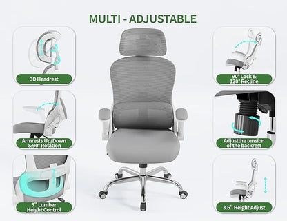 Ergonomic Office Chair - Computer Desk Chairs Comfy, Mesh High-Back Gaming Chair with Adjustable Lumbar Support, Executive Task Chair for Adults, Comfortable for Long Hours (White Grey)
