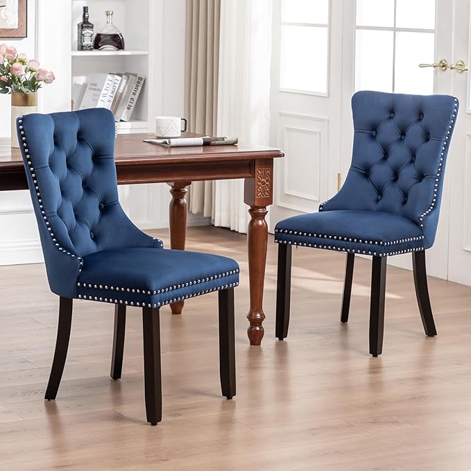 Velvet Dining Chairs Set of 2, Tufted Dining Room Chairs with Nailhead Ring Pull Trim, Upholstered Dining Chairs with Solid Wood Legs for Kitchen Dining Room (Blue)