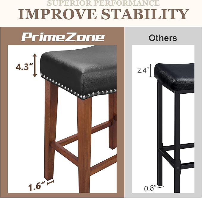 PrimeZone Counter Height Bar Stools Set of 4 - Backless Saddle Barstools with 4.3" Thick Upholstered, Nailhead Trim Faux Leather & Solid Wood Legs, 26 Inch Counter Stools for Kitchen Island, Black