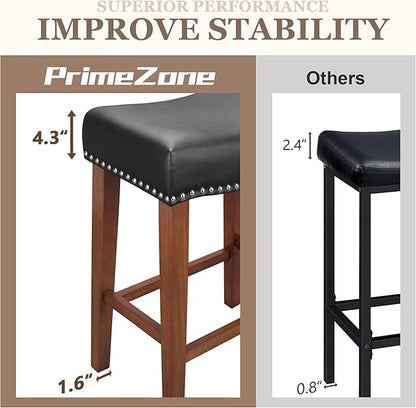 PrimeZone Counter Height Bar Stools Set of 4 - Backless Saddle Barstools with 4.3" Thick Upholstered, Nailhead Trim Faux Leather & Solid Wood Legs, 26 Inch Counter Stools for Kitchen Island, Black