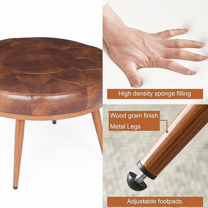 Round Ottoman Coffee Table, 24in Faux Leather Cushioned Footstool Ottoman,Stationary Ottomans, Backless Chair, Footrest for Living Room, Bedroom, Padded Seat, Brown