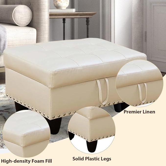 Faux Leather Storage Ottoman with Nailhead Trim, 28.5"X19.5"X17.5" Footrest Stool, Hidden Storage Foot Stool for Living Room, Bedroom Furniture, Cream-Colored