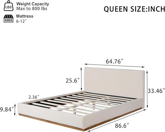 Christopher Knight Home Bettine Boucle Queen Size Bed, Boucle Headboard and Footboard, Rectangular Queen Size Headboard, Slat Panel Support Platform Bed, No Spring Box Needed, Easy Assembly, White