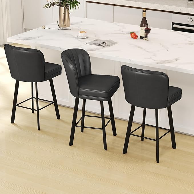 Swivel Counter Height Bar Stools Set of 6, 26'' Modern Barstools with Backs and Metal Legs, Upholstered Bar Chairs, Faux Leather Black Stools for Kitchen Island Chairs
