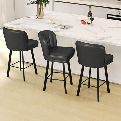 Swivel Counter Height Bar Stools Set of 6, 26'' Modern Barstools with Backs and Metal Legs, Upholstered Bar Chairs, Faux Leather Black Stools for Kitchen Island Chairs