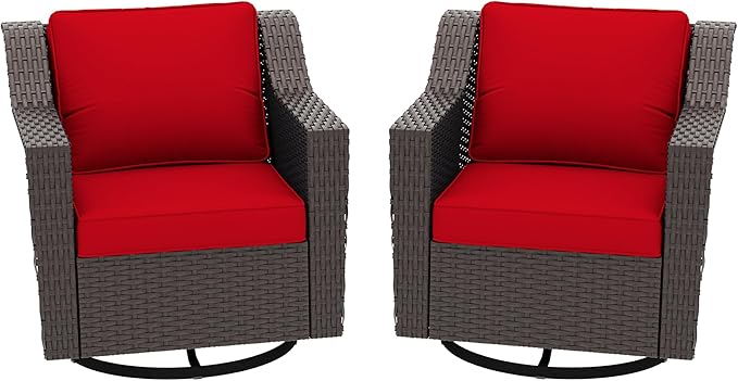Patio 2 Pieces Wicker Swivel Chairs Set of 2，Outdoor PE Rattan Rocking Glider Armchairs, Water-Resistant Cushions with Removable and Washable Covers, Porch, Balcony, Sunroom (RED)