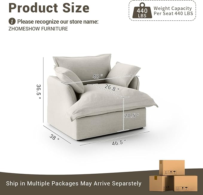 Oversized Cloud Modular Sectional Sofa, Comfy Down Filled Cloud Couch with Removable Cover, Deep Seat Armchair, Single Sofa Chair, Sectional Couches for Living Room, Light Gray