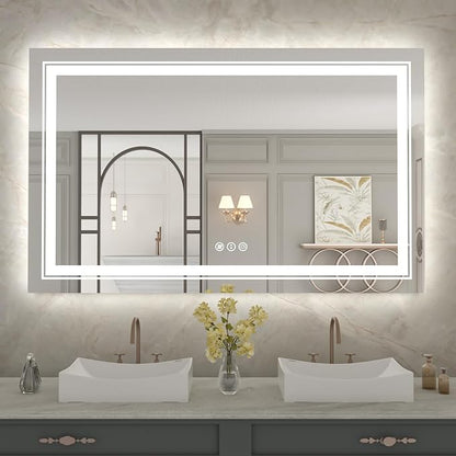 WTTY 48x30 LED Bathroom Mirror with Lights, Front and Backlit Lighted Bathroom Vanity Mirrors for Wall, Dimmable Wall Mirrors for Bathroom, Anti-Fog, Memory, Shatter-Proof, Double LED Vanity Mirror