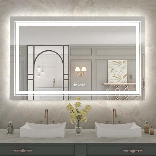 WTTY 48x30 LED Bathroom Mirror with Lights, Front and Backlit Lighted Bathroom Vanity Mirrors for Wall, Dimmable Wall Mirrors for Bathroom, Anti-Fog, Memory, Shatter-Proof, Double LED Vanity Mirror