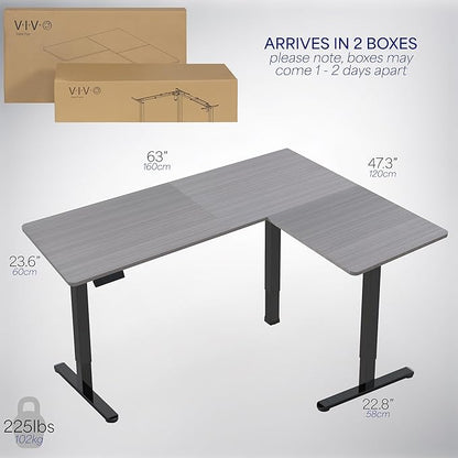 VIVO Corner Standing Desk, 63 x 47 inch Reversible L-Shaped Workstation, Electric Height Adjustment, Home, Office, and Reception Rooms, Dark Gray Table Top Black Frame, DESK-E3CTG-47