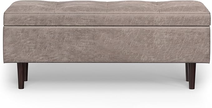SIMPLIHOME Shay 48 inch Wide Mid Century Modern Rectangular Storage Ottoman in Distressed Grey Taupe Vegan Faux Leather, Assembled, for The Living Room, Entryway and Family Room