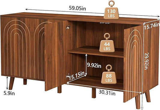 59" Buffet Cabinet with Storage, Modern Accent Sideboard Storage Cabinet with 4 Doors & Carving Lines, Wooden Coffee Bar Table Console for Living Room Kitchen Office and Hallway (Walnut)