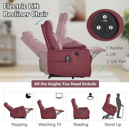 PELUMY Manual Lift Recliner Chair with Massage and Heat for Elderly, Single Motor Electric Lift Chair, Heavy Duty Recliner with USB Charging & Side Pockets (Breathable Leather, Red)