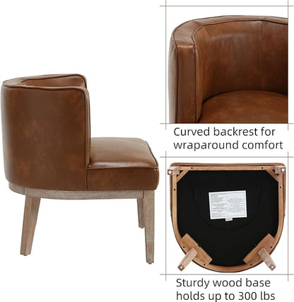 Arm Accent Chair Barrel Accent Chair with Wood Legs, Brown Leather Comfy Barrel Round Side Chair Upholstered Reading Chairs with Back for Living Room Bedroom Living Room Chair, Brown