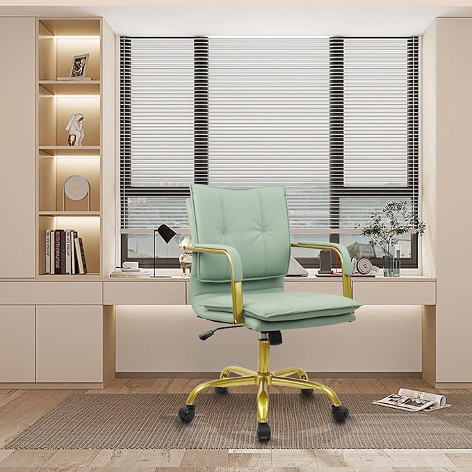 CLATINA Leather Home Office Desk Chairs, Swivel Mid-Back Computer Chair with Golden Legs and Arms, Comfy Upholstered Task Chair with Wheels, Green