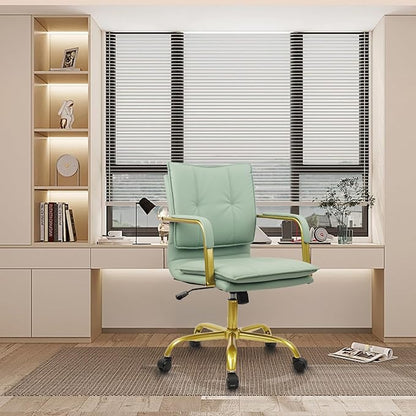 CLATINA Leather Home Office Desk Chairs, Swivel Mid-Back Computer Chair with Golden Legs and Arms, Comfy Upholstered Task Chair with Wheels, Green