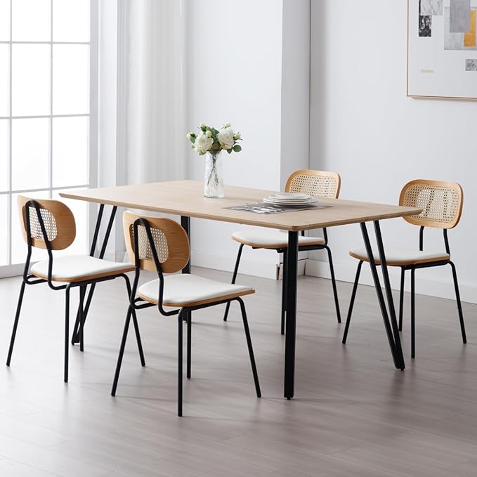 Mid-Century Modern Rattan Cane Back Dining Chairs Set of 4 — PU Leather Upholstered Seat, Black Metal Legs, Kitchen Side Chairs for Kitchen & Dining Room, White