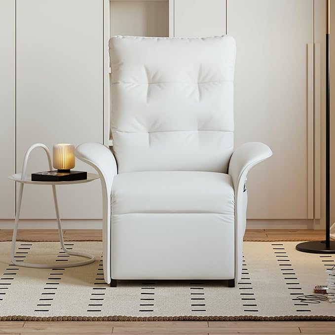 homary Power Recliner Accent Chair with Side Pocket High-Back 180° Recline Faux Leather Living Room Chairs, Comfy Chair for Bedroom Reading (White)