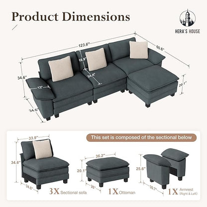 HERA'S HOUSE 124" Modular Sectional Sofa, Oversized L Shaped Couches for Living Room, Comfy Cloud Couch with Ottoman, 4-Seater Deep Seat Sofa with Throw Pillow, Chenille Blue