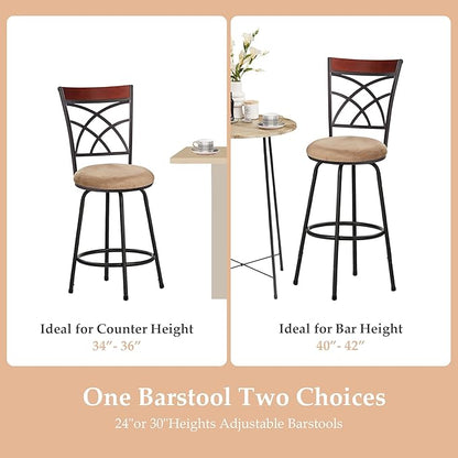 VECELO Bar Stools, 24/29" Adjustable Barstool,Swivel Counter Stool with Upholstered Seat,Steel Bistro Pub Chairs, Wood Top Backrest,Set of 2