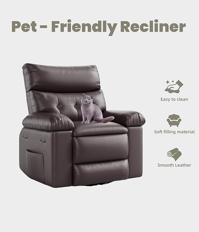 GarveeHome Oversized 27" Recliner Chairs, Classic Manual Leather Recliner, Home Theater Seating with Lumbar & Arms Support for Living Room, Bedroom and Nursery - Brown