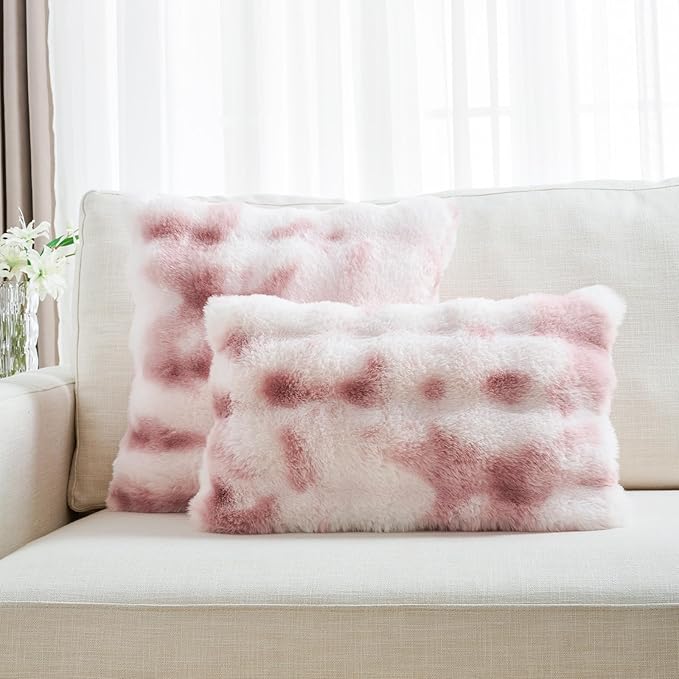 FUTEI Pink White Decorative Throw Pillow Covers 20x20 Inch Set of 2,Soft Fuzzy Faux Rabbit Fur Cushion Covers with Raised Texture,Neutral Boho Home Decor for Couch Bed Living Room