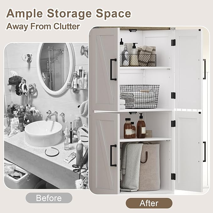 Treocho Bathroom Floor Cabinet, Farmhouse Bathroom Storage Cabinet with Doors and Adjustable Shelves, Freestanding Kitchen Pantry Cabinet, Cupboard for Living Room, Dining Room, White