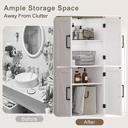 Treocho Bathroom Floor Cabinet, Farmhouse Bathroom Storage Cabinet with Doors and Adjustable Shelves, Freestanding Kitchen Pantry Cabinet, Cupboard for Living Room, Dining Room, White