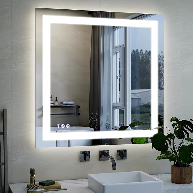 VooBang Bathroom Mirror with Lights 47 x 47 inches - 3 Adjustable Lighting Modes LED Bathroom Vanity Mirror, Anti-Fog, Memory Function, Tempered Glass, Wall Mounted Horizontally Vertically