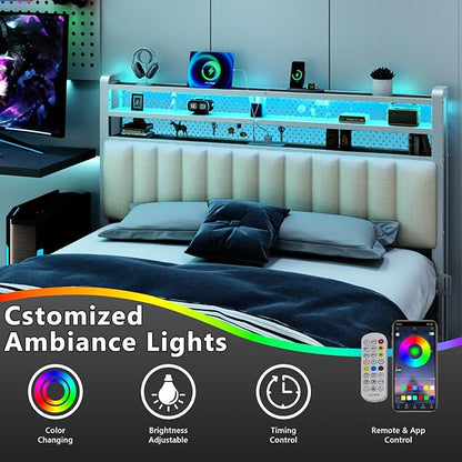VINGLI King Size Headboard Only, Adjustable Upholstered Headboard with 3 Tier Shelves and Pegboard with Charging Stations and LED Lights, Modern Bed Headboard with Storage for Bedroom Decor