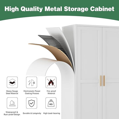 Bathroom Storage Cabinet Freestanding, 61" Tall Metal Cabinets with Doors and Shelves, White Metal Pantry Cabinet for Kitchen, Living Room, Home Office