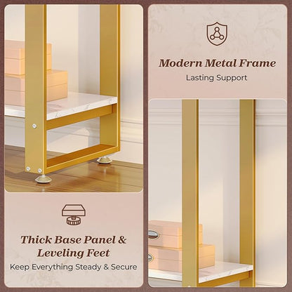Huuger 47.2 Inch Entryway Table with Marble Top, 2-Tier Modern Console Sofa Table with Storage, Accent Table, for Entry, Hallway, Entrance, Foyer, T-Shaped Metal Frame, White Marble & Gold
