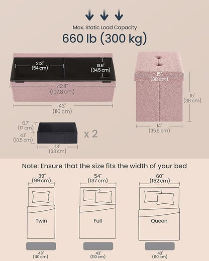 SONGMICS Storage Ottoman Bench, Storage Chest, 15 x 43 x 15 Inches, Foot Rest Stool, End of Bed Bench, Load up to 660 lb, for Living Room, Bedroom, Entryway, Jelly Pink ULSF097R01