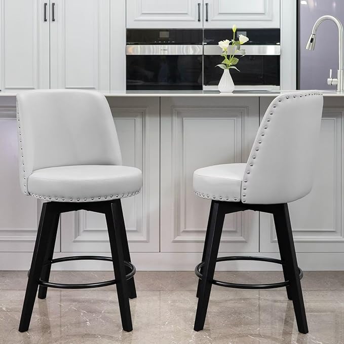 MINCETA Bar Stools Set of 2, PU Leather Barstools, 26 Inch Upholstered Counter Stools with High Back and Footrest, Swivel Counter Height Barstools for Kitchen Island Home Bar Light Gray