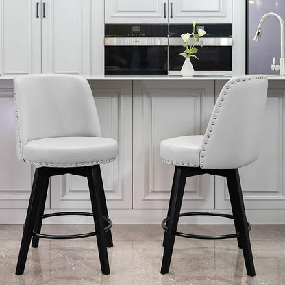 MINCETA Bar Stools Set of 2, PU Leather Barstools, 26 Inch Upholstered Counter Stools with High Back and Footrest, Swivel Counter Height Barstools for Kitchen Island Home Bar Light Gray
