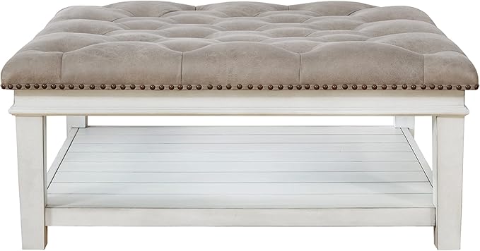 Signature Design by Ashley Kanwyn French Country Upholstered Square Ottoman Coffee Table, Whitewash