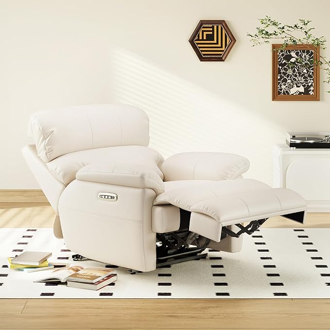 COLAMY Triple Motors Power Recliner Chair with Power Headrest & Lumbar Support Independent Adjustment for Living Room, Leather Electric Recliner Sofa Chair, Beige