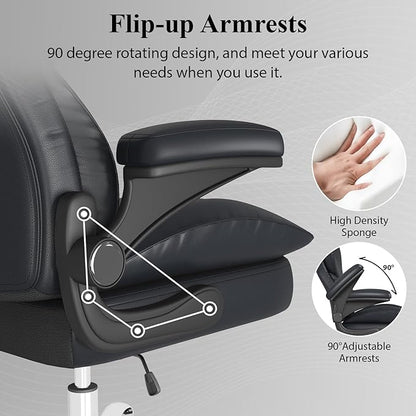 Office Desk Chair, Executive Leather Office Chair, High Back Ergonomic Home Desk Chair with Padded Flip-up Arms, Big and Tall Computer Chair with Rocking Function, 360°Swivel Free, Black