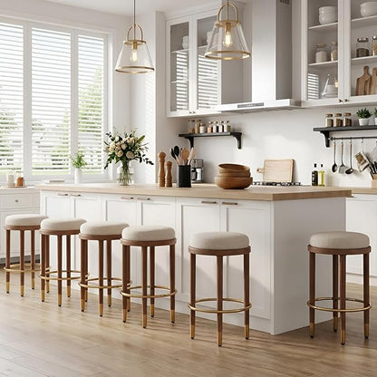 26’’ Rustic Backless Bar Stools with Metal Gold Footrest Counter Height Barstools Set of 6 Modern Round Farmhouse Beige Linen Upholstered Wooden Stools with Natural Solid Wood Legs for Kitchen Island