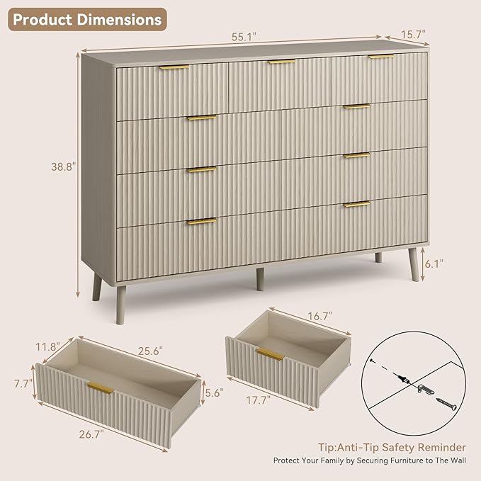 CARPETNAL Fluted 9 Drawer Dresser for Bedroom, 55" Wide Wooden Chest of Drawers with Rounded Corners, Gold Handles, Modern Storage Organizer for Bedroom, Hallway (Beige)