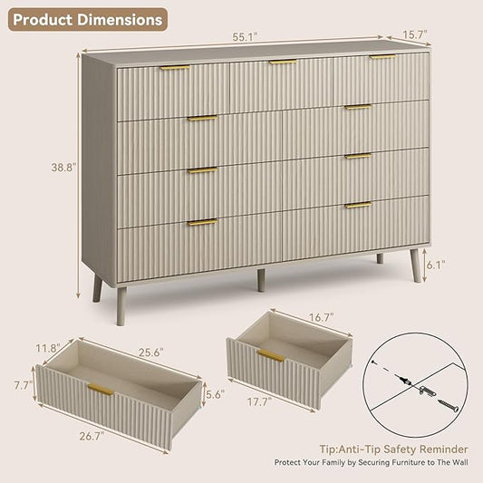 CARPETNAL Fluted 9 Drawer Dresser for Bedroom, 55" Wide Wooden Chest of Drawers with Rounded Corners, Gold Handles, Modern Storage Organizer for Bedroom, Hallway (Beige)