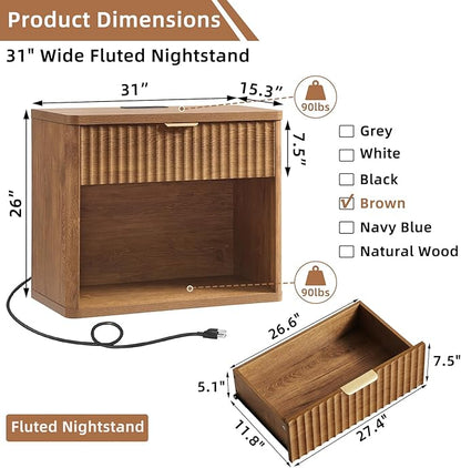 LEYAOYAO 31" Wide Fluted Nightstand Set of 2 with Charging Station, Oversized Extra Large 1 Drawer Night Stand with Golden Handle, Brown Wood Bedside Table Tall End Tables,for Bedroom, Living Room