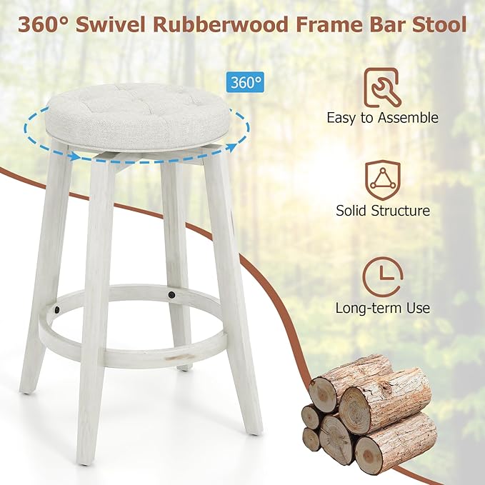 COSTWAY 360° Swivel Bar Stools Set of 2, 26-inch Height Vintage Upholstered Rubberwood Backless Bar Chairs with Footrest, Retro Kitchen Counter Stools for Kitchen Island Dining Room Home Bar, White