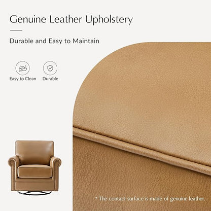 HULALA HOME Swivel Accent Chair Genuine Leather Barrel Rocker Chair with Metal Base Transitional Armchair Padded Round Armrest Set of 2, Camel