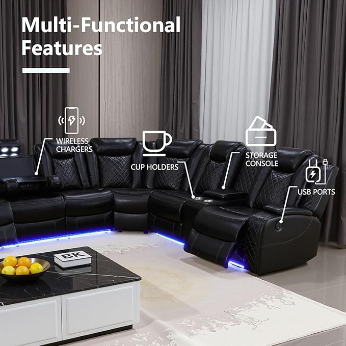 Power Reclining Sectional Sofa, Black Leather Couch with Recliners, Air Leather Sofa Couch with LED Lights/USB Port/Cup Holder for Living Room/Apartment/Office