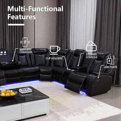 Power Reclining Sectional Sofa, Black Leather Couch with Recliners, Air Leather Sofa Couch with LED Lights/USB Port/Cup Holder for Living Room/Apartment/Office
