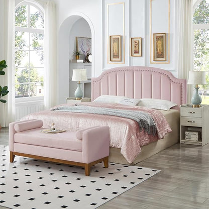 24KF Velvet Fabric Upholstered King/California King Headboard with Nail Trims, Modern Vertical Channel Design with Curved King Headboard, 6052-K-Pink