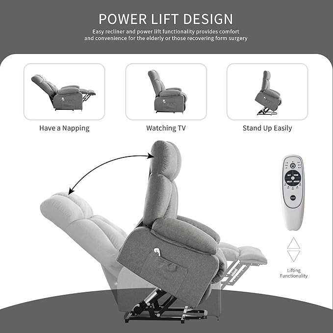 Oversized Power Lift Recliner Chair for Elderly, Big and Tall Lift Chair with Massage and Heat for Living Room, Fabric Electric Recliner Chairs with 4 Side Pockets, USB Charge Port,Grey